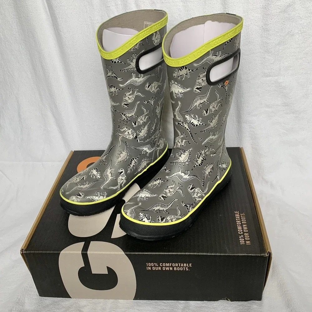 NEW Bogs Kids Rain Boots Super Dino Gray Waterproof Pull On Handles Youth Sz 4